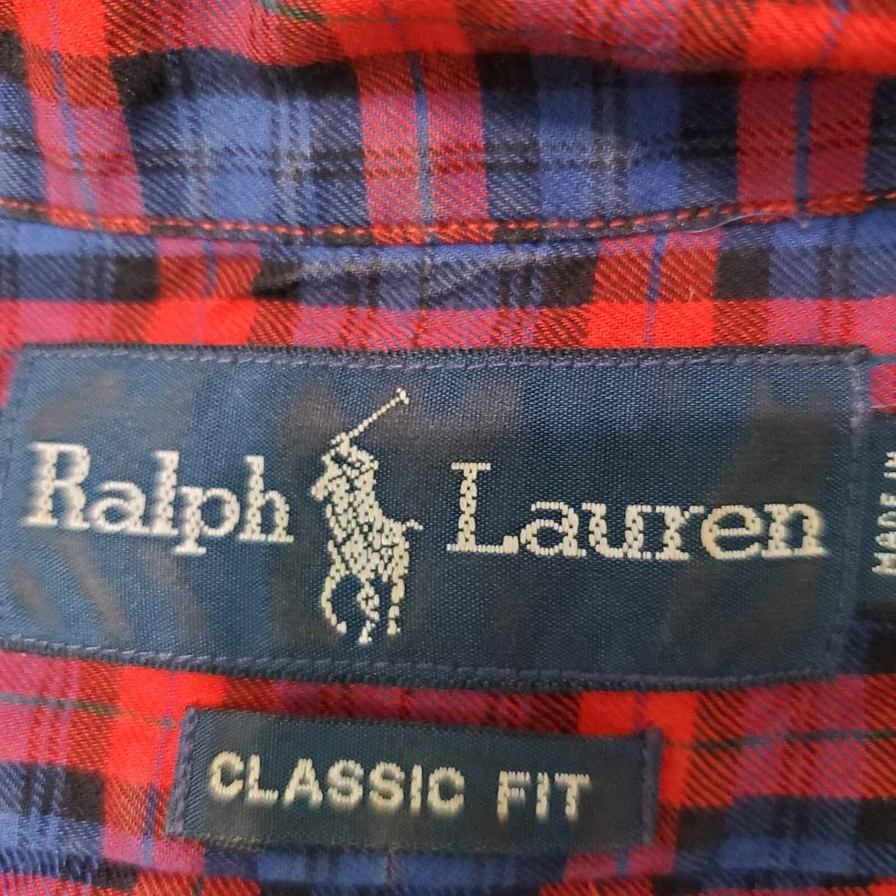 Ralph Lauren Men Button Up Shirt Large Red Classic Fit Plaid Blue LS READ
